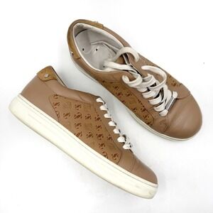 Jimmy Choo Rome Low Top Sneakers Caramel Tan Monogram Leather Sz 37.5 / 7.5